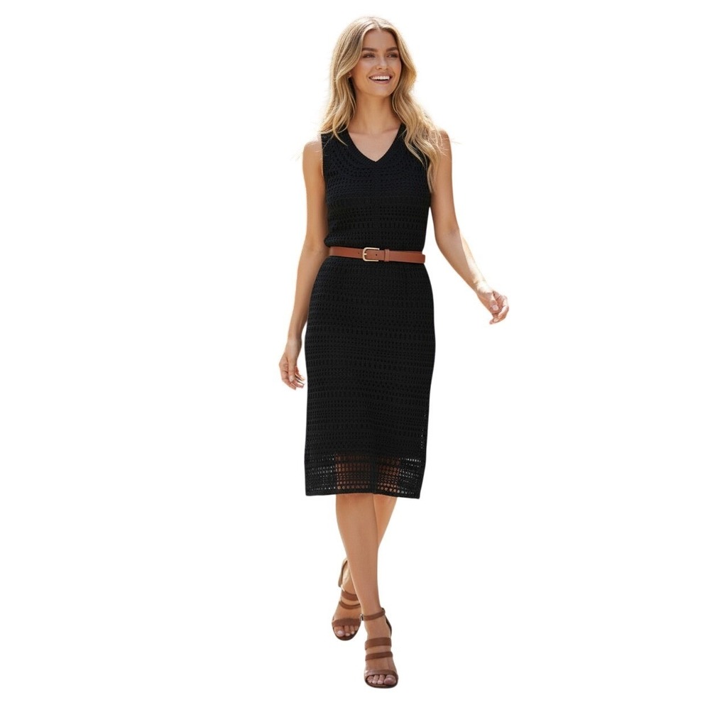 Theory Black Linen Blend Crochet Knit Slvless Midi Dress Fits S NWOT $425 Luxe